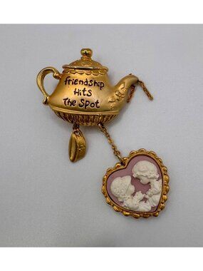 Vintage Precious Moments Tea Pot Brooch Cameo Dangle Friendship Gold Tone Pin